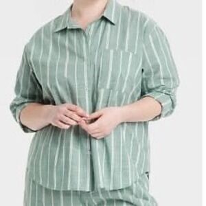 Auden Sleepwear Shirt Womens Medium Sage Green Striped Button Down Pajama Top